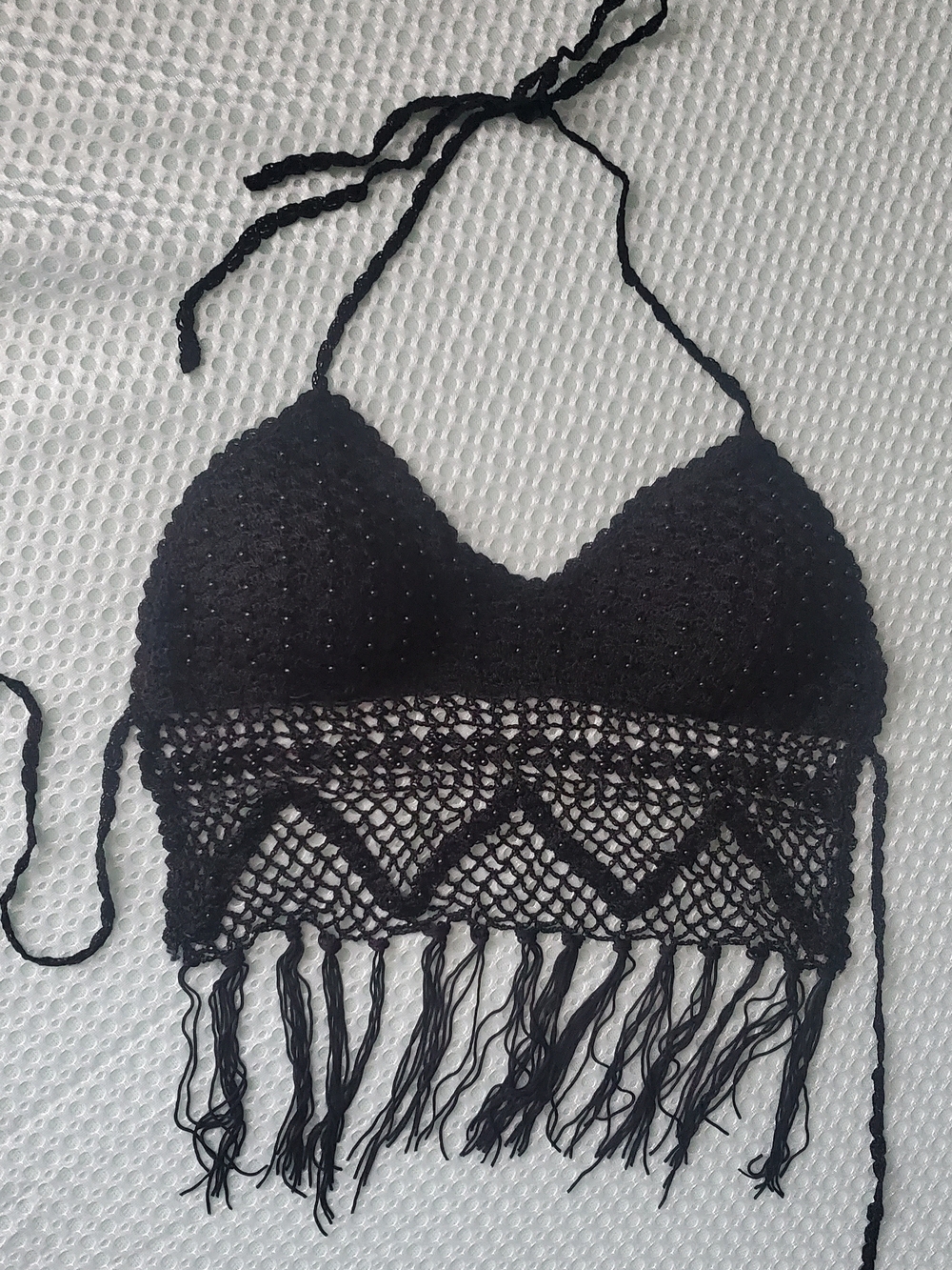 Black Crochet Fringe Halter Crop Top